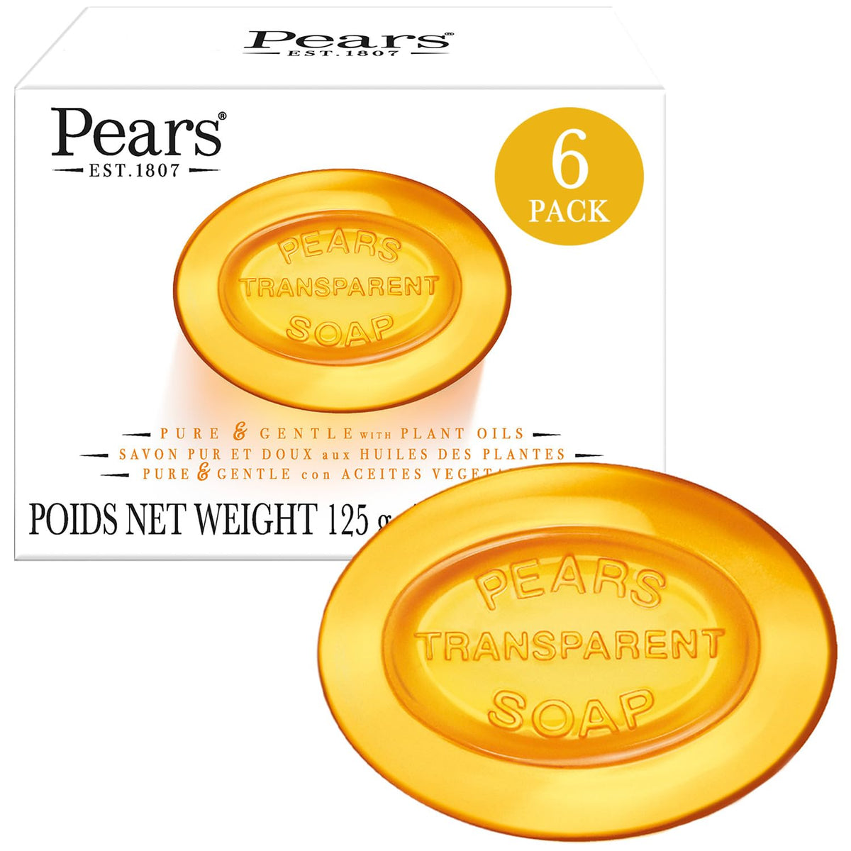PEARS Glycerin Soap, Transparent Amber with Natural Oils, 6-Pack – Pure & Gentle Cleanser for Soft