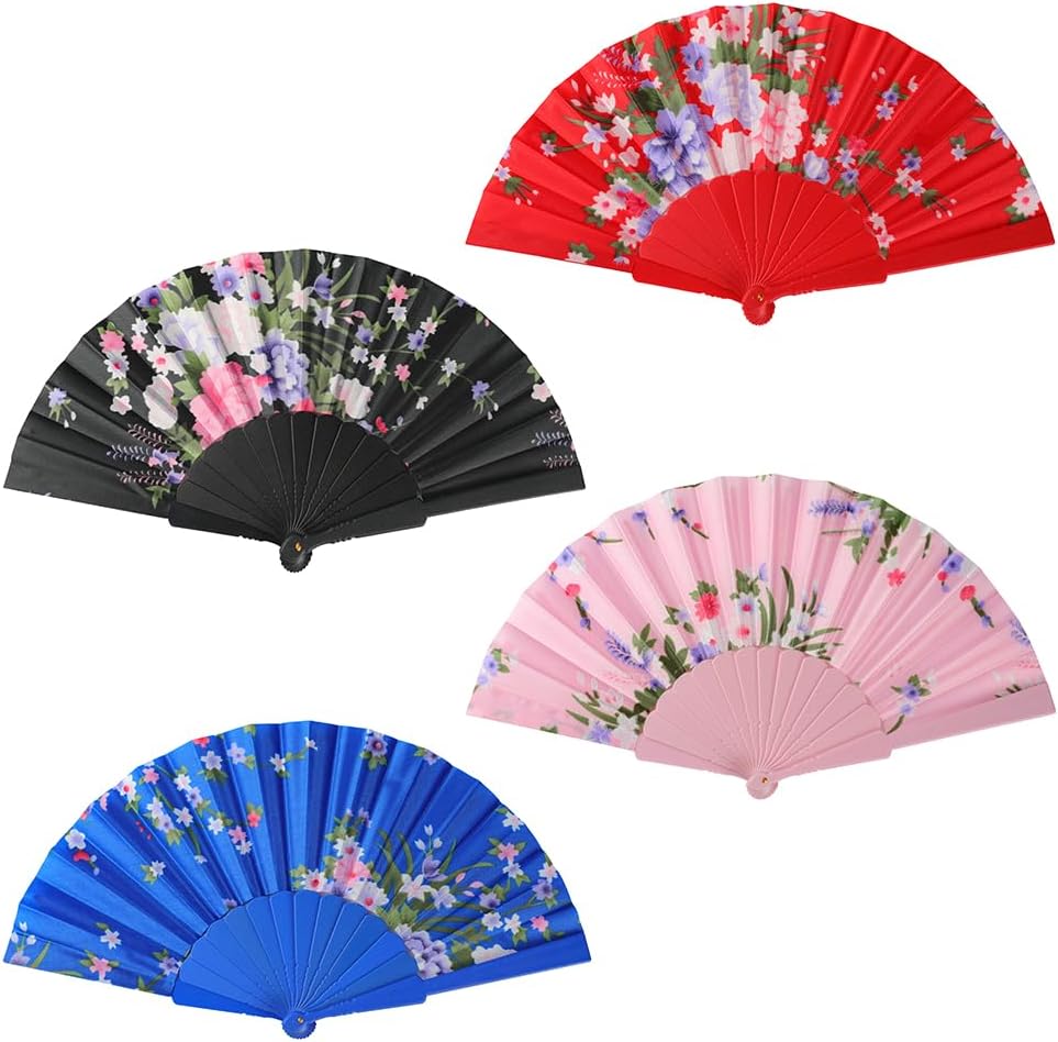HUNANBANG 4 Pcs Oriental Flowers Japanese Folding Hand Fans Spanish Church Wedding Vintage Gift
