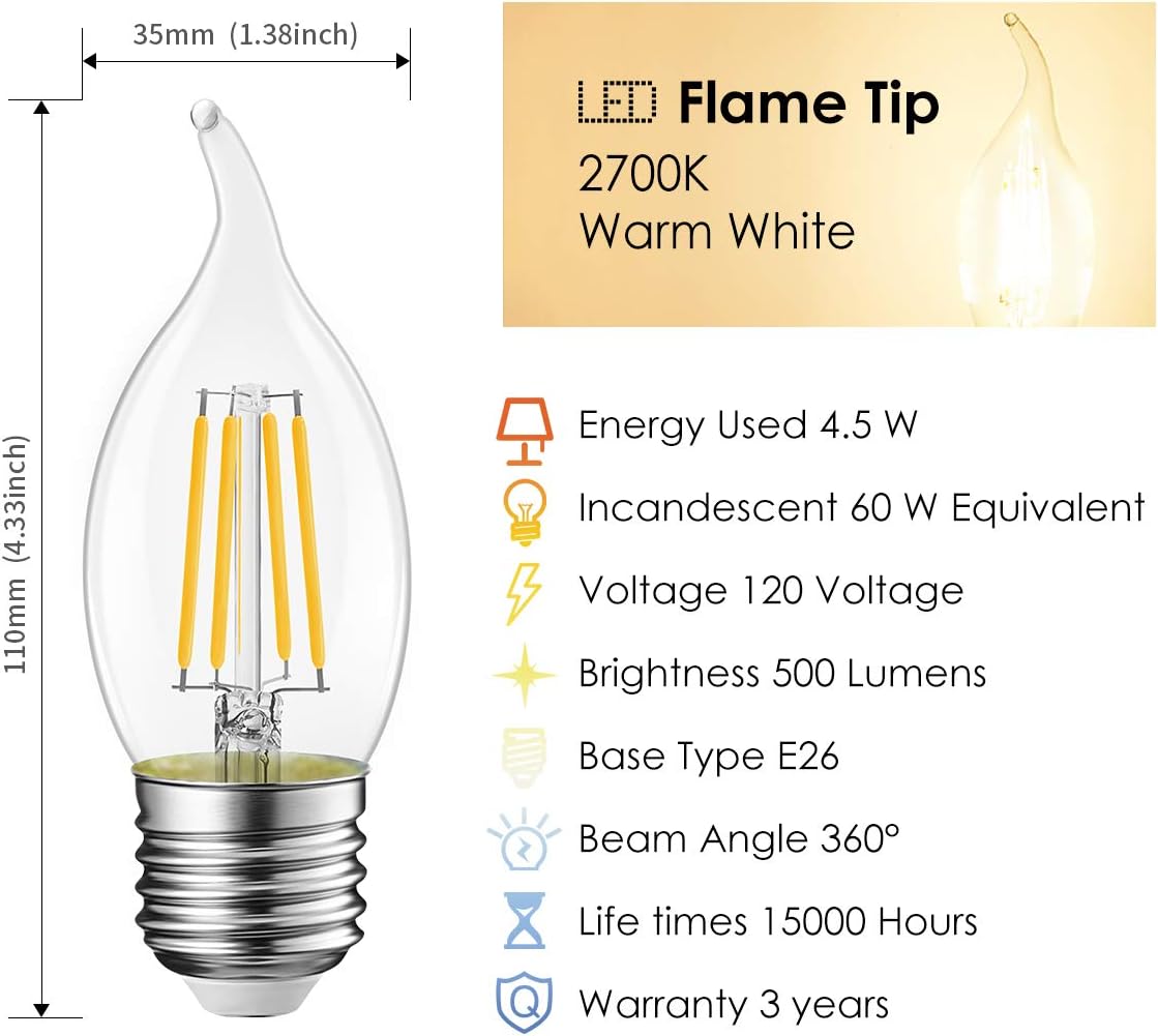 LVWIT Flame Tip LED Filament Bulb Candelabra E26 Base Dimmable 4.5W (60W Equivalent) B11 Chandelier