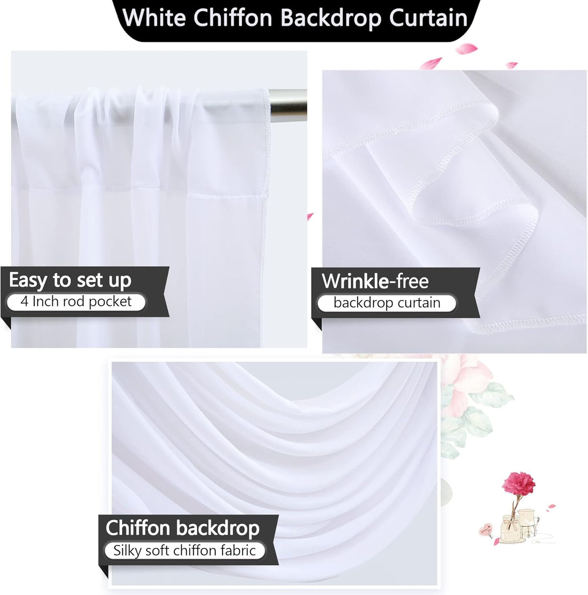 PARTISKY 10x7ft White Chiffon Backdrop Curtains (2 Panels 5x7ft Each) - Wrinkle-Free Sheer Fabric