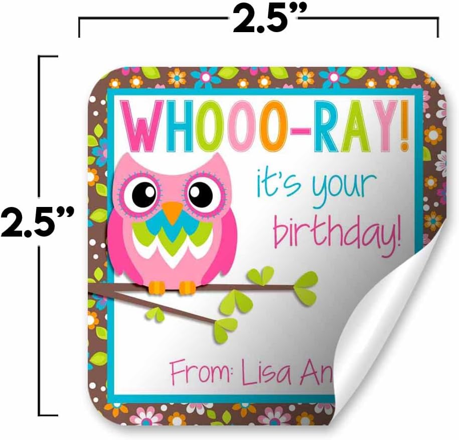 Custom & Personalized Colorful Floral Owl Happy Birthday Gift Tag Sticker Labels, 24 2.5" Square