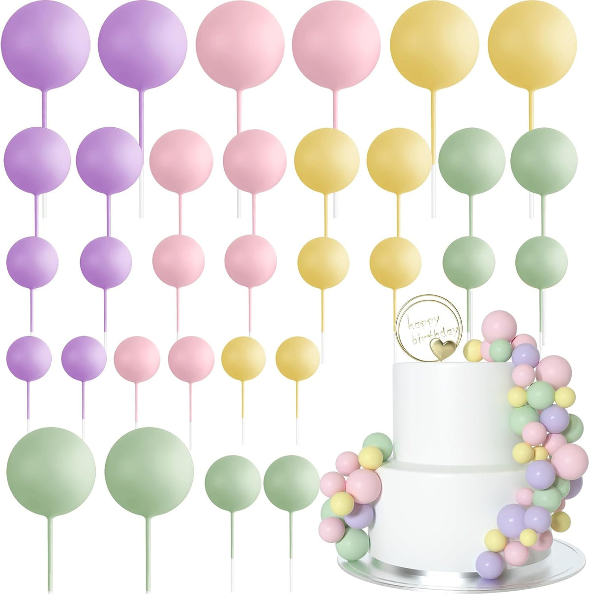 ASTARON 32 Pcs Ball Cake Topper Decorations Mini Balloons Cake Topper Sticks Foam Balls Cake Picks