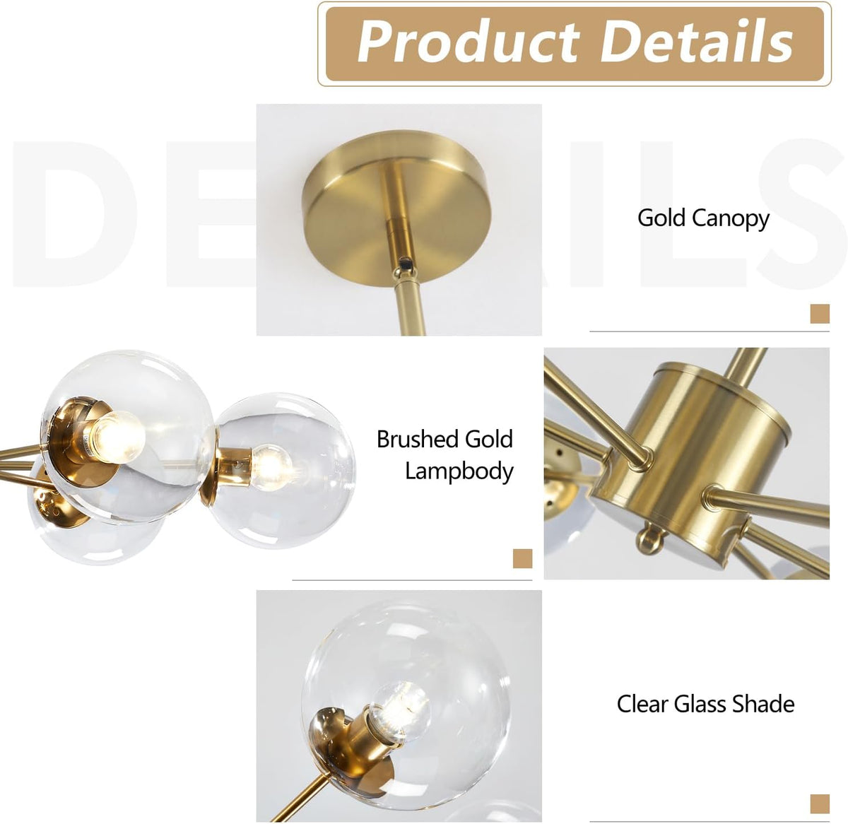 KCO Lighting Modern 6-Light Sputnik Chandelier with Clear Glass Globe Mid Century Adjustable