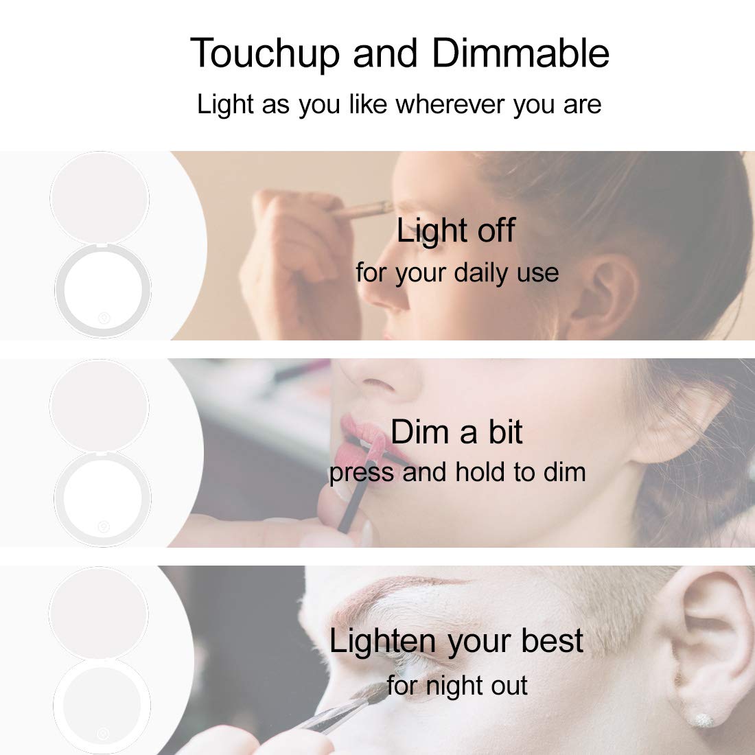 Compact Mirror with LED Light,1x/10x Magnifying Rechargeable Mirror,3.5in, Dimmable Travel Mirror