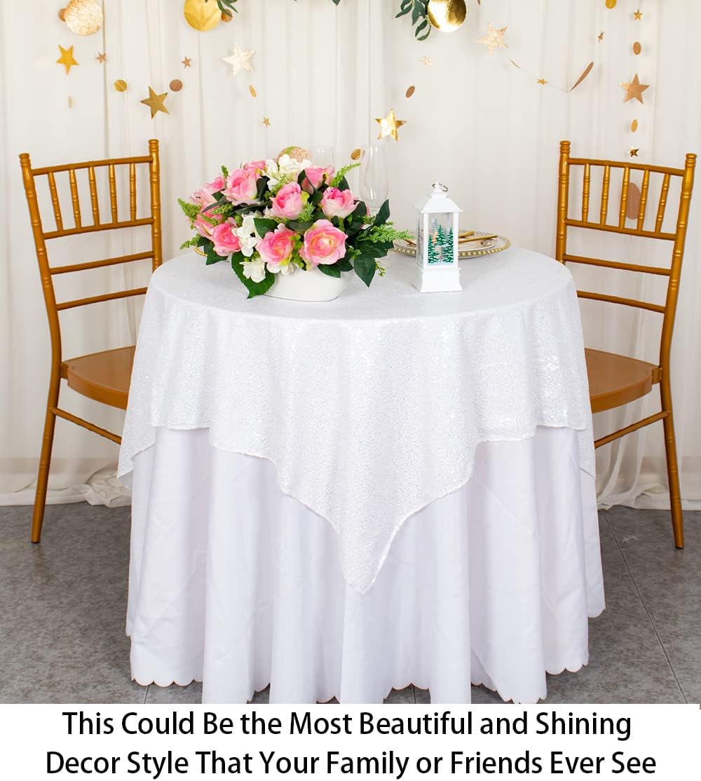 ShinyBeauty Sequin Tablecloth Square 54x54-Inch White Table Cloths for Round Table White Sequin