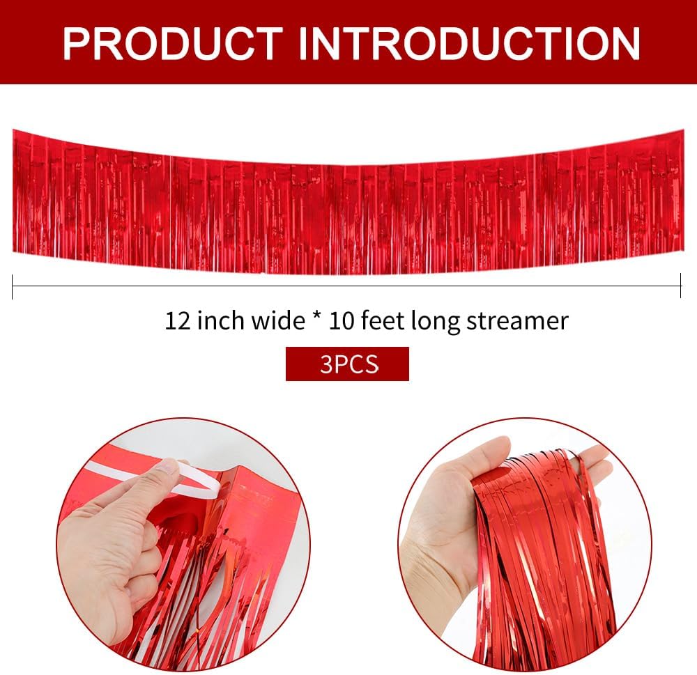 BEISHIDA 3 Packs 30 Feet Metallic Foil Fringe Garland Tinsel Streamers，Shiny Red Wall Hanging