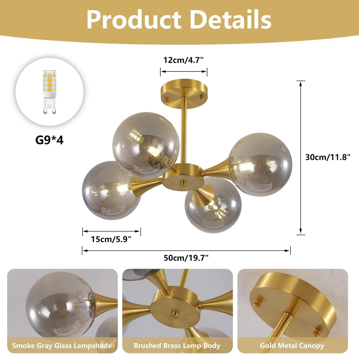 KCO Lighting 4-Lights Modern Gold Globe Semi Flush Mount Ceiling Light Mid Century Brushed Brass