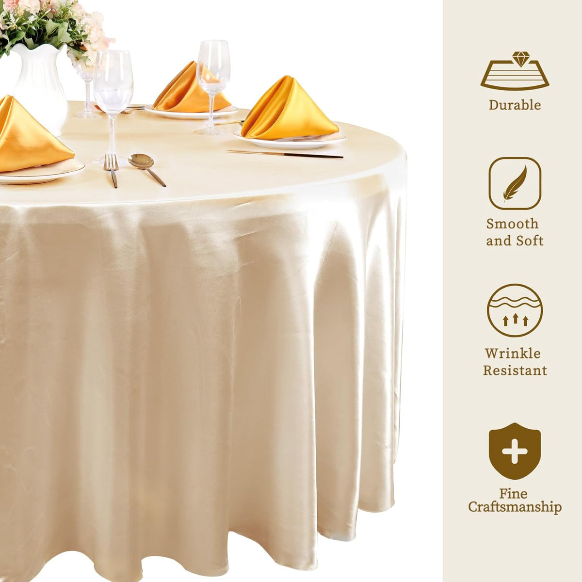fani 6 Pack 120 Inch Champagne Round Tablecloth - Premium Silky Satin Tablecloth Overlay Smooth