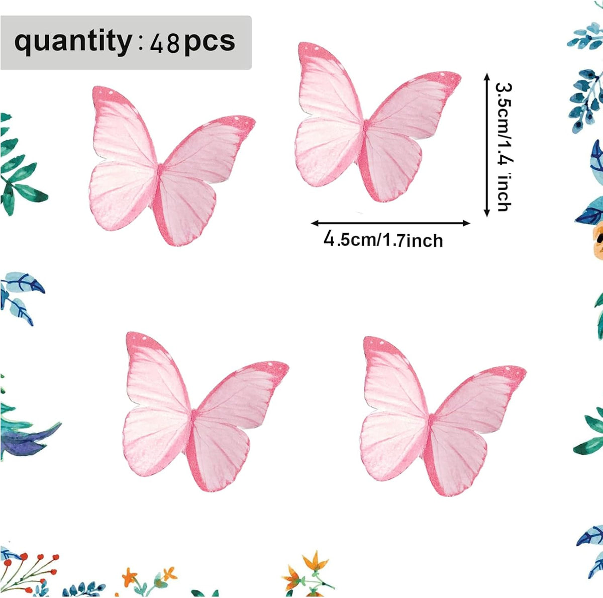 48Pcs Edible Butterflies for Cake Decorations Pink Wafer Paper Butterfly Cupcake Toppers Wafer