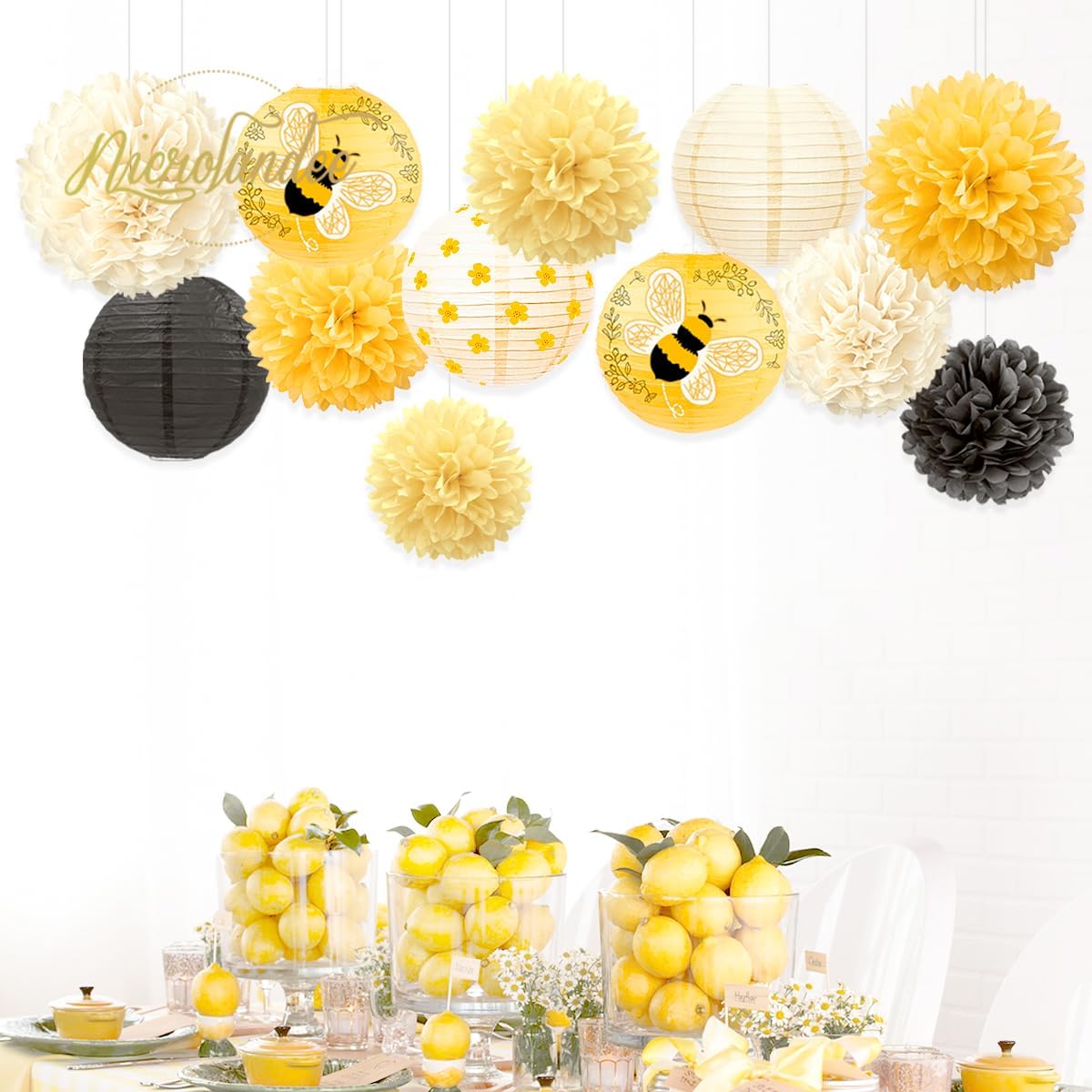 NICROLANDEE Bee Party Decorations, 12PCS Yellow Hanging Paper Lanterns Tissue Pom Poms Decor for