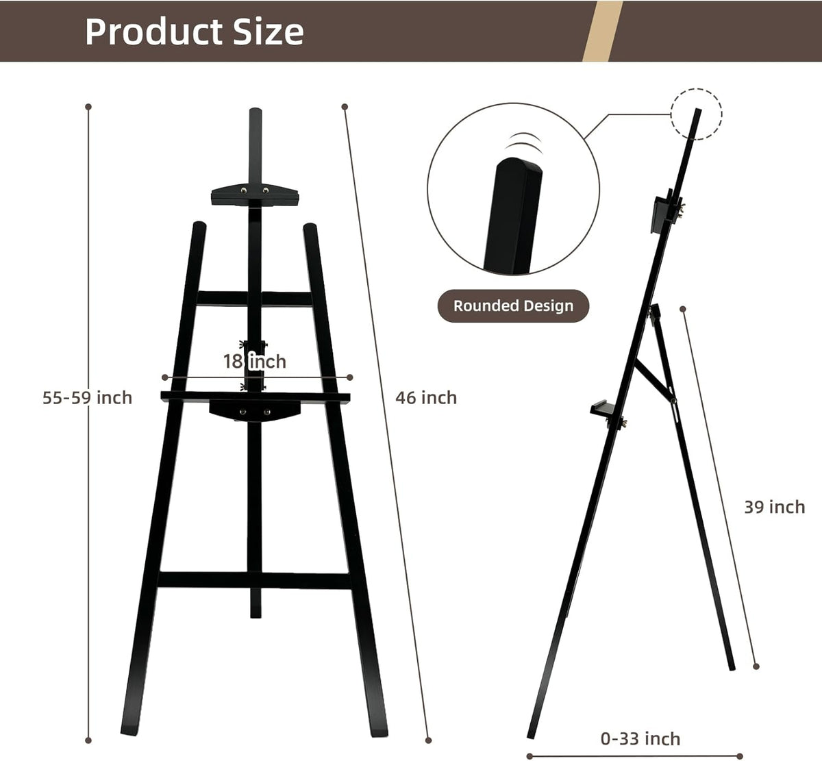Adjustable Black Wooden Painting Easel, Pine Art Easel Stand Hold up to 43'', Painting Canvas for