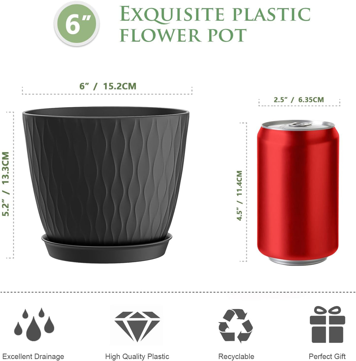 6 inch Plant Pots, 5 Pack Flower Pots with Drainage Holes and Saucers for Indoor Plants, Plastic