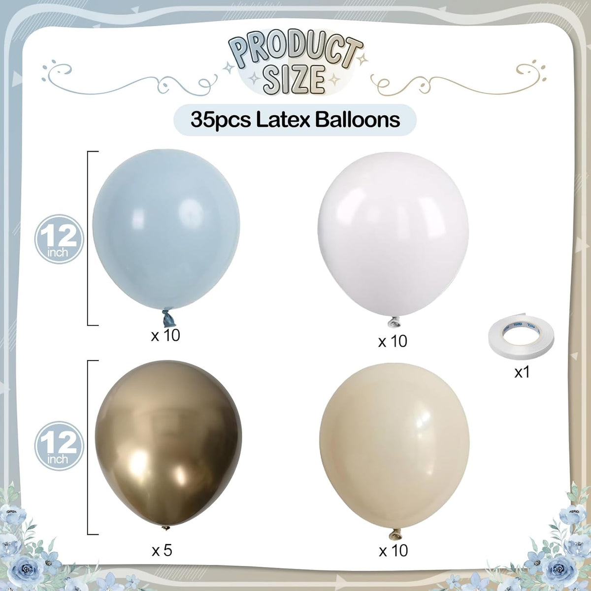 Dusty Blue Beige Balloons, 12 Inch Fog Blue Sand White Balloons with Cream Ivory Metallic Gold