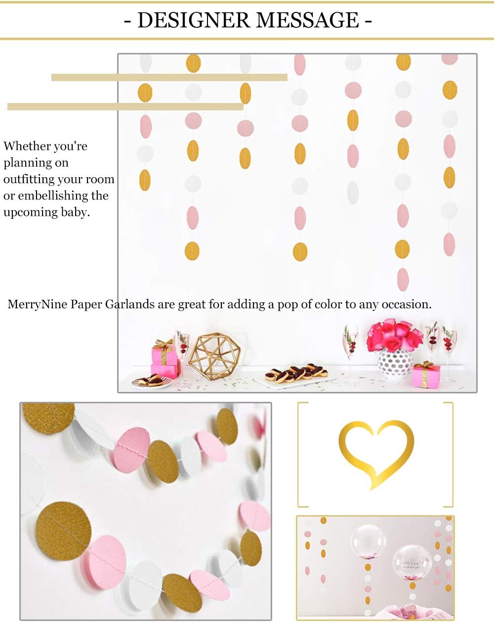 MerryNine Paper Garland 5 Pack, 65 Ft Glitter Paper Garland Circle Dots Hanging Decor, Banner for