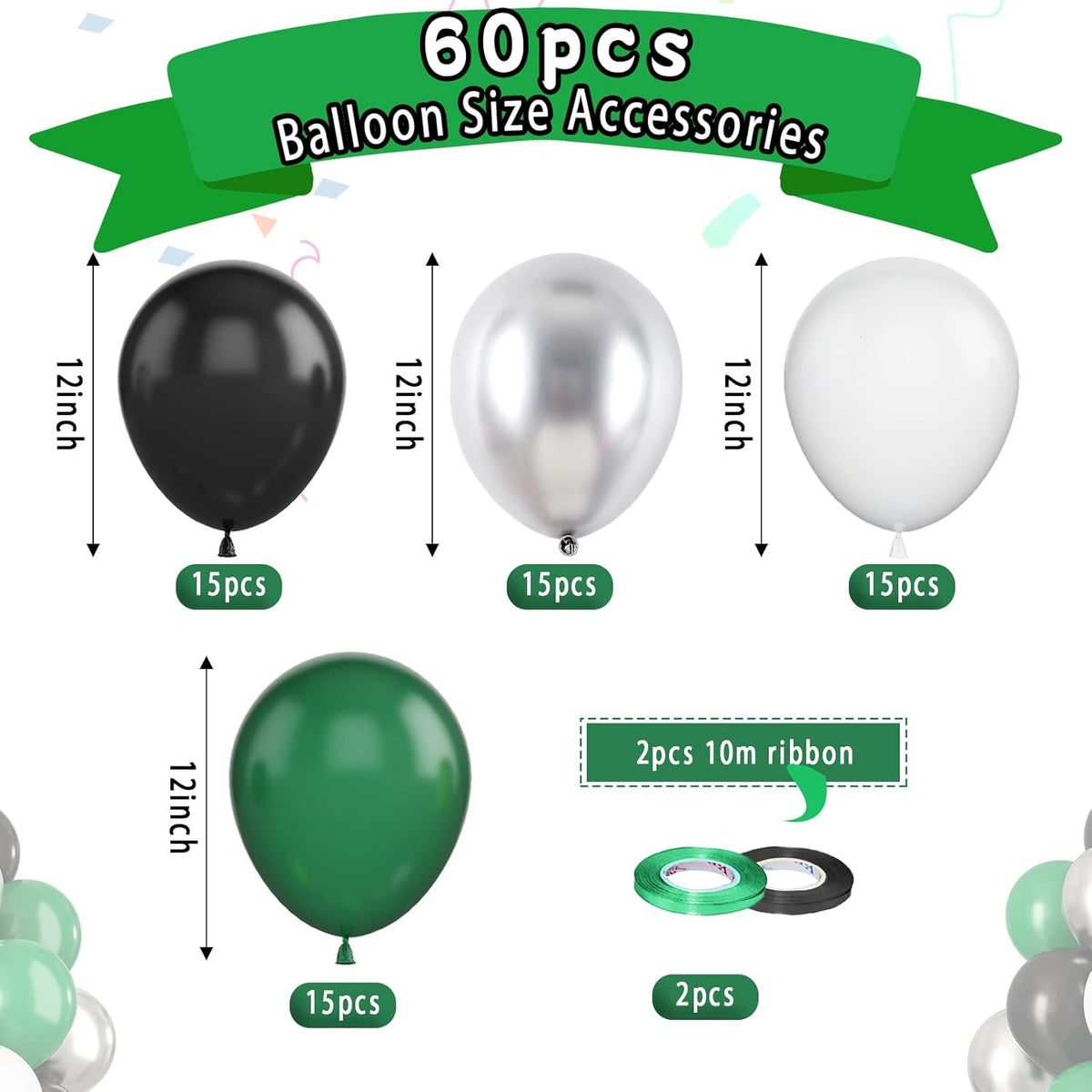 Paready Green Black Balloons, 60 Pcs 12 Inch Dark Green Metallic Silver Balloons, Black Green White