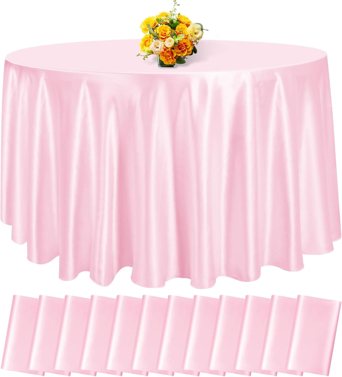 fani 12 Pack 120 Inch Light Pink Satin Tablecloth - Silky Round Tablecloth Overlay Smooth Fabric