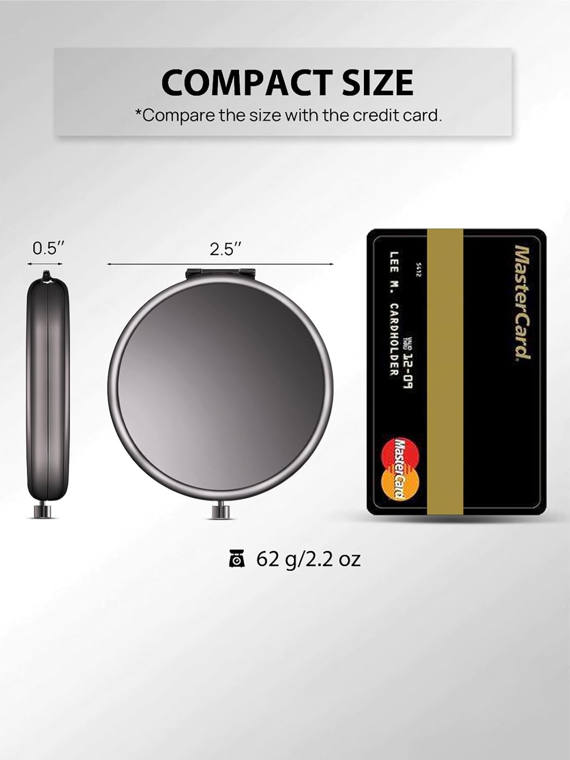 Compact Mirror for Purse, Double-Sided 1X/2X Magnifying Metal Pocket Makeup Mirrors(Round, Onyx