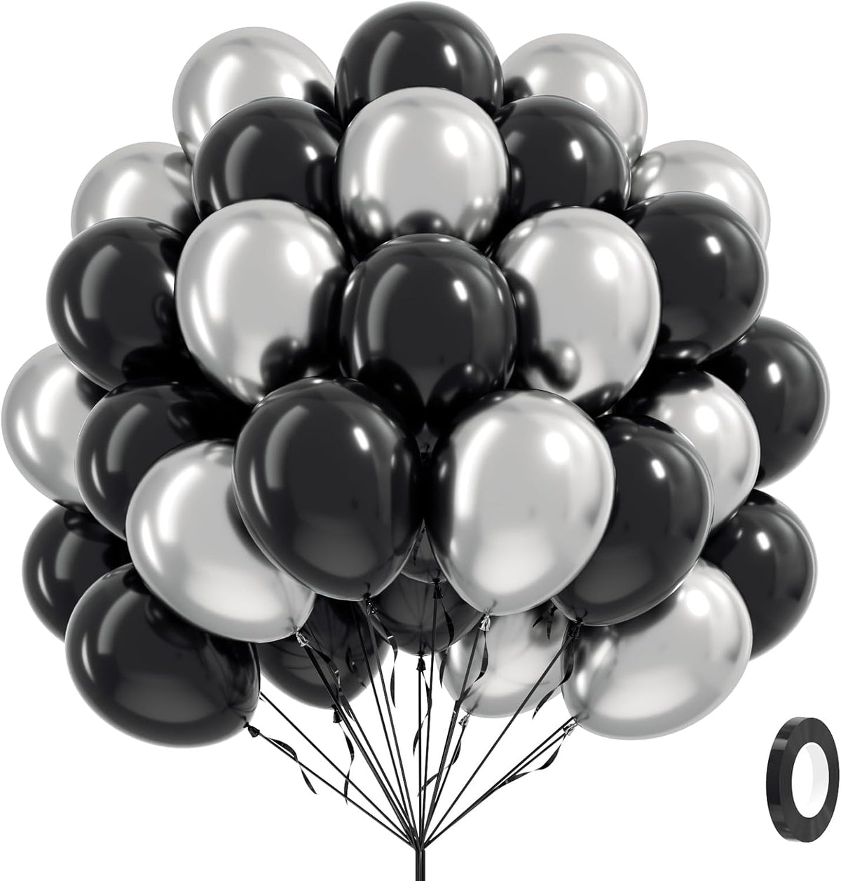 Black and Silver Balloons, 60pcs 12inch Black Metallic Silver Balloons for Graduation 2025 Birthday