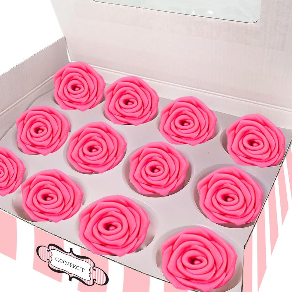 Confect Hot Pink Edible Roses – 12 Pack for Cake & Cupcake Decorating – Vegan, Gluten-Free Floral