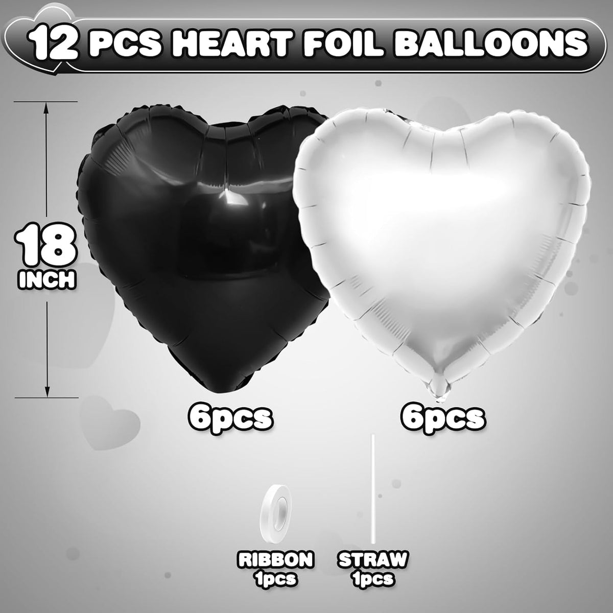 Black Silver Heart Balloons,12Pcs 18Inch Silver Black Heart Shaped Foil Helium Balloons for Baby