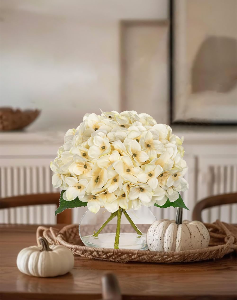Hollyone Fall Hydrangea Artificial Flowers for Decoration with Glass Vase White Silk Fake Flower