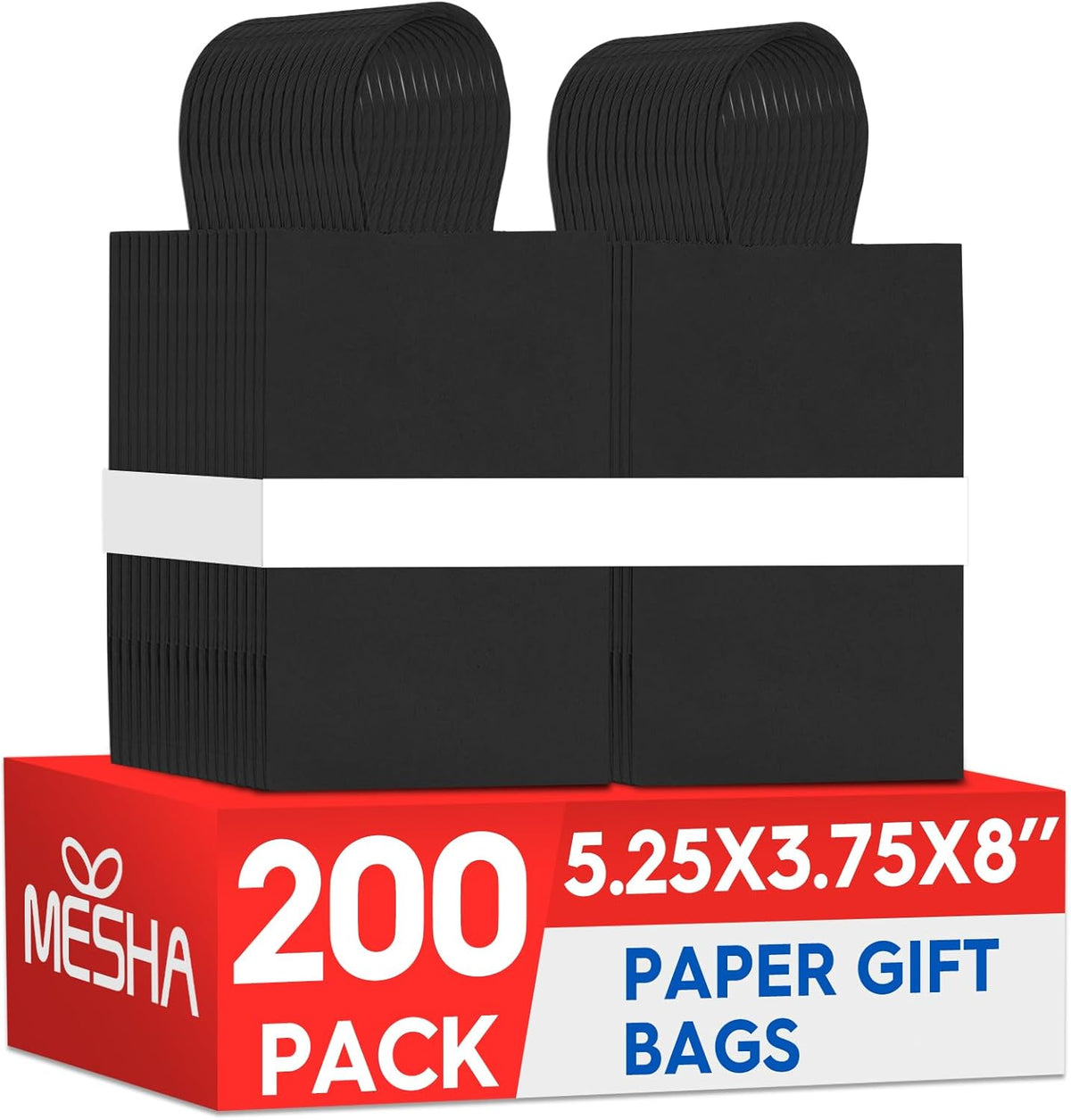 MESHA Kraft Gift Bags 200 Pack 5.25x3.75x8 Inch Small Black Paper Bags with Handles Bulk for Small