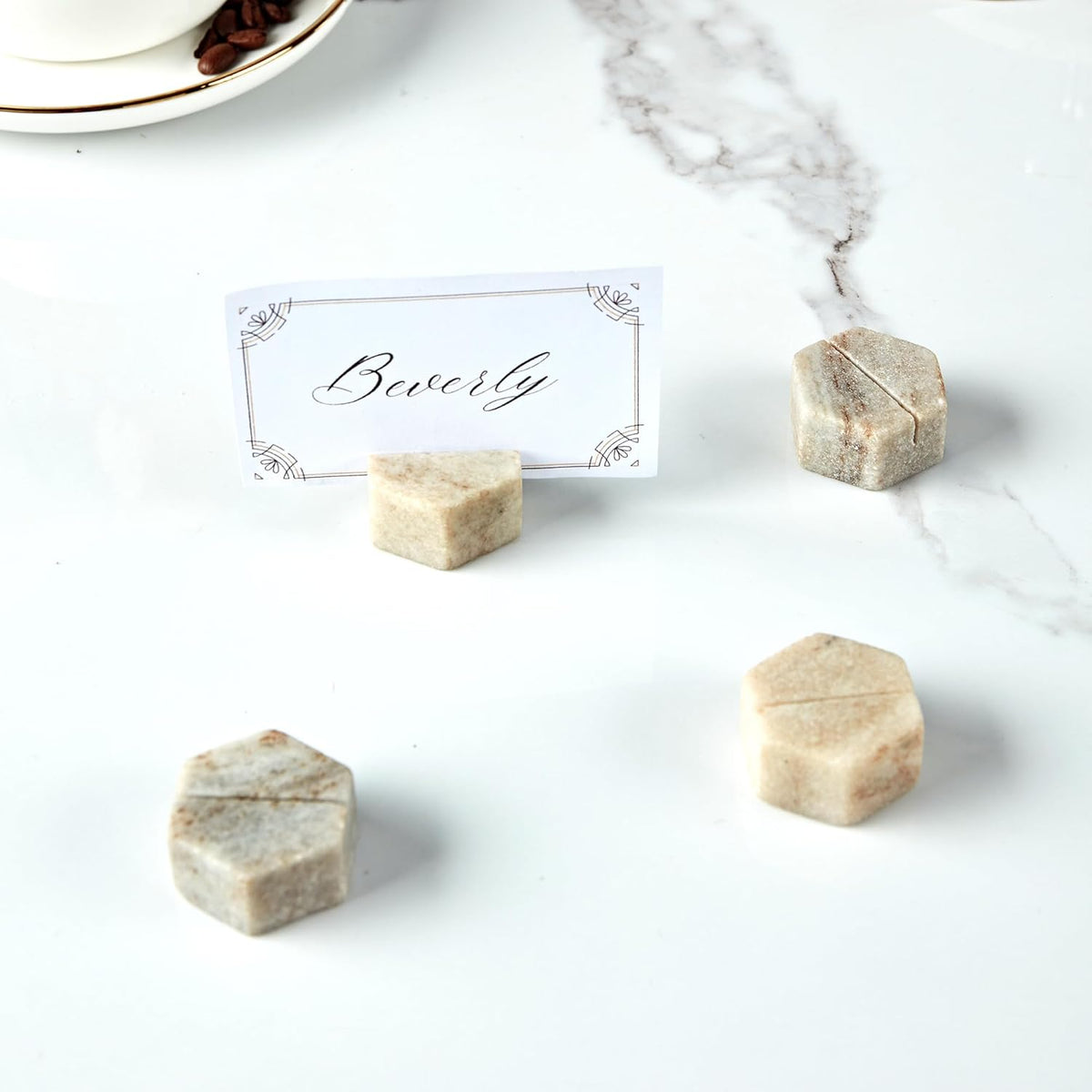 Marble Hexagon Place Card Holders, Unique Design Handmade Photo Display, Set of 4 Uniquely Textured