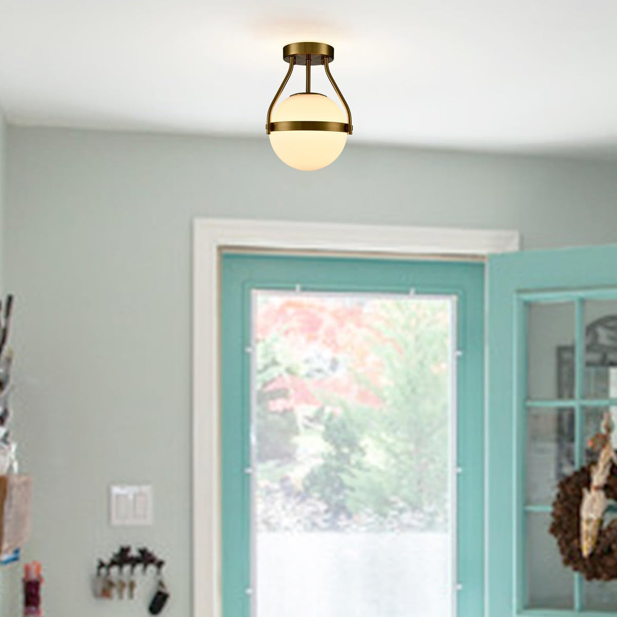 HOLKIRT Modern Semi Flush Mount Light, Mid Century Style 7Inch/18CM Brass Globe Ceiling Light with
