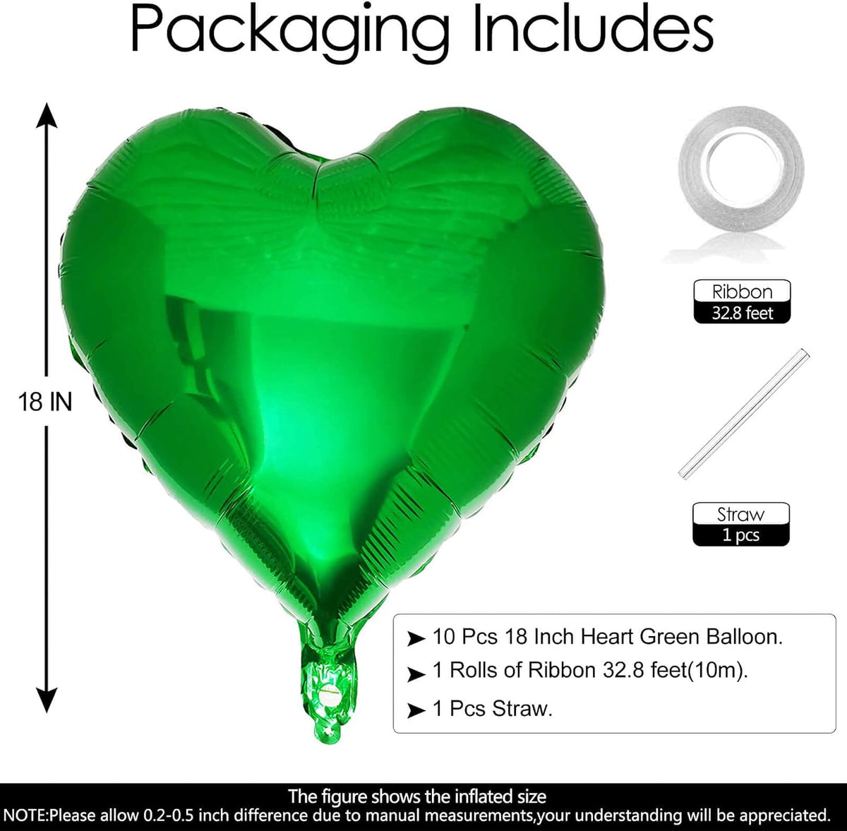 10Pcs Green Foil Heart Shaped Balloons 18 Inch Mylar for Baby Shower, Wedding, Valentine