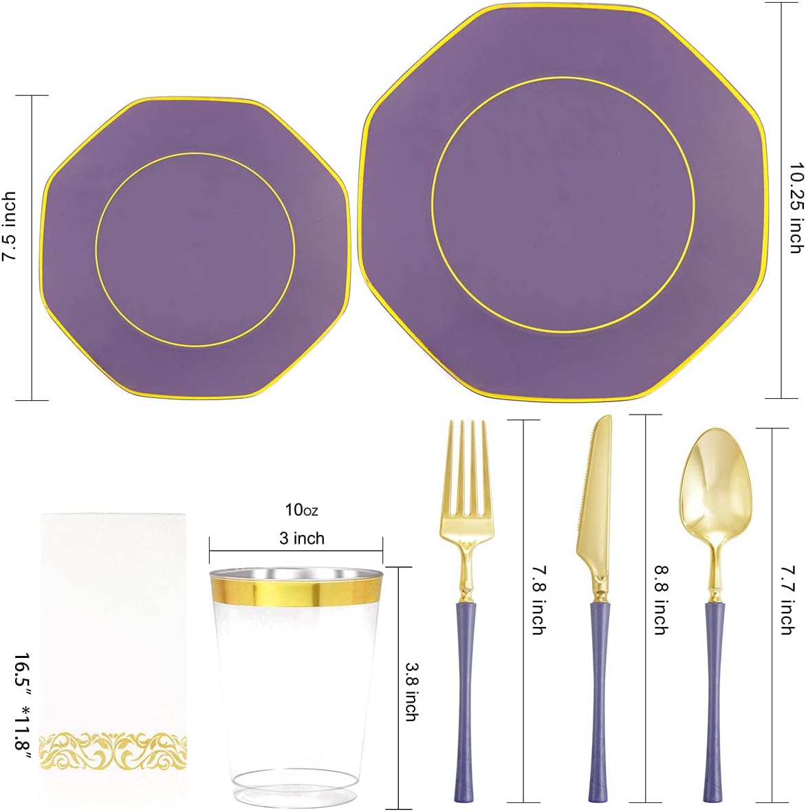 KIRE 140Pcs Purple Plastic Plates with Gold Rim& Gold Disposable Plastic Silverware with