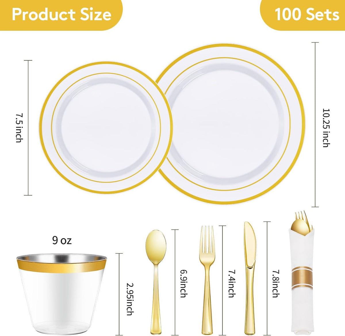 Goodluck 700 Piece Gold Plastic Dinnerware Set for 100 Guests, Disposable Plates for Party