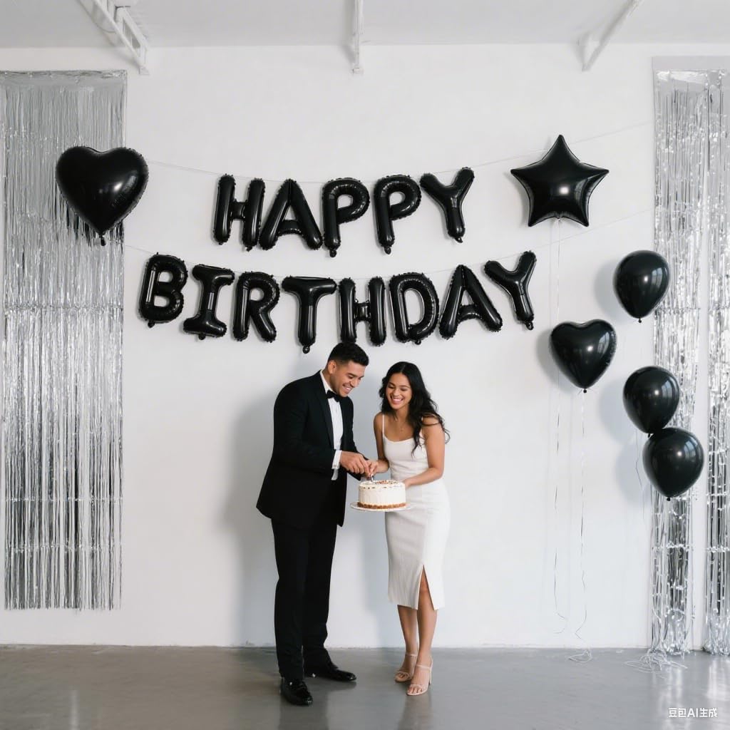 29 Pcs Black Silver Birthday Party Decorations - Happy Birthday Balloons Banner, Heart & Star Foil