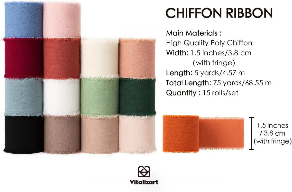 Vitalizart Chiffon Silk Ribbon 1 1/2 Inch x 75 Yd Handmade Frayed Edge Assorted Ribbons for Gift
