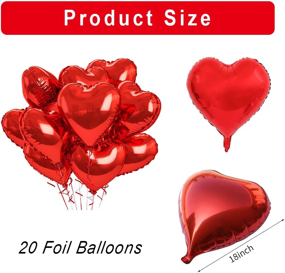 20 pcs Red Heart Balloons, 18 inch Heart Shaped Balloon foil Love Balloon for Wedding Decoration