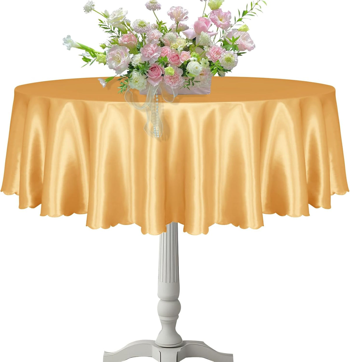 KKJIAF 1 Pack 60 Inch / 5ft Round Table Cloth, Gold Overlay Round Satin Table Cover, Silky Satin