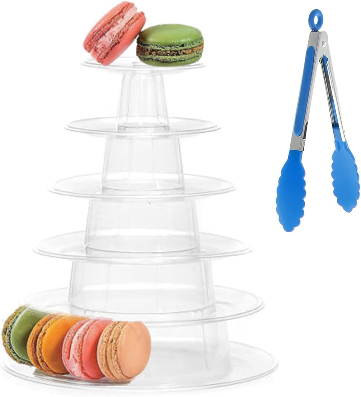 6 Tiers Macaroon Tower Stand with 8'' Silicone Tongs, Round Macaron Tower Cake Display Rack Plastic