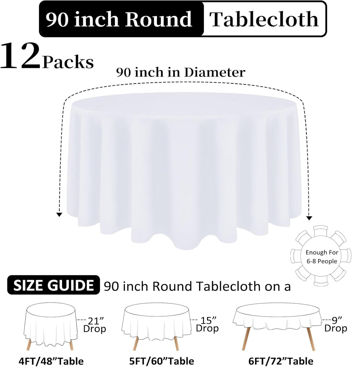 12 Pack White Round Tablecloth 90 Inch White Table Cloth Stain and Wrinkle Resistant Round White