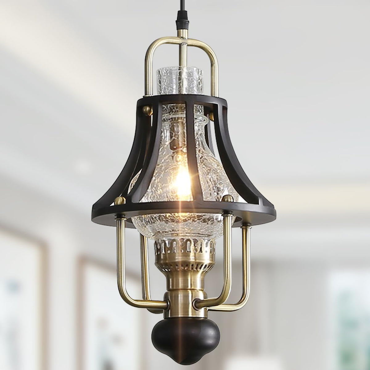 Farmhouse Chandelier Modern Hanging Light, Vintage Rustic Pendant Lights Fixture, Crackle Glass