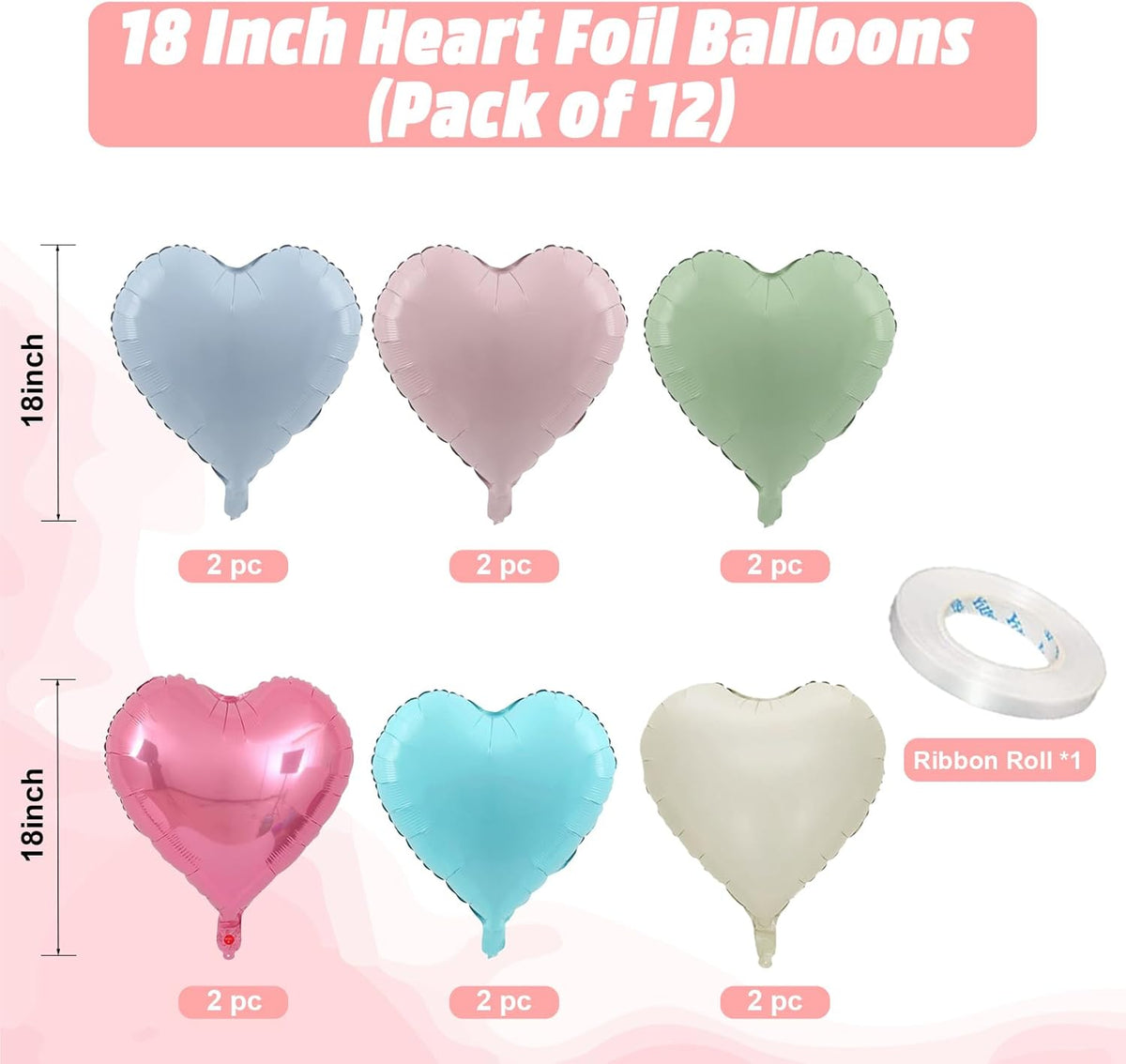 Pastel Colorful Heart Balloons, 18 Inch Matt Rainbow Heart Shape Balloon, 12PCS Multicolor Macaron