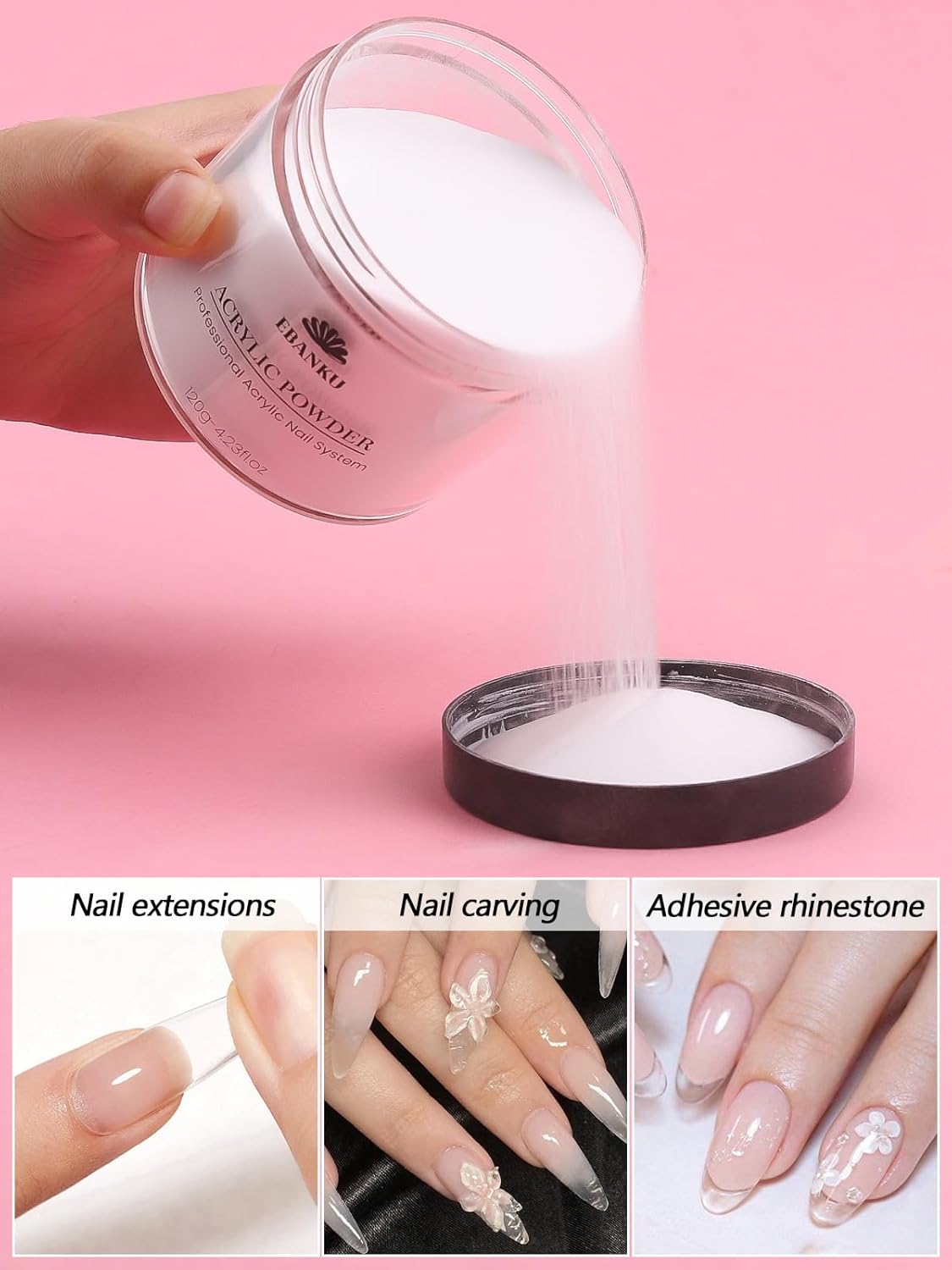 EBANKU Clear Acrylic Powder, 120g/4.23oz - Professional Nail Powder for Extension, Carving