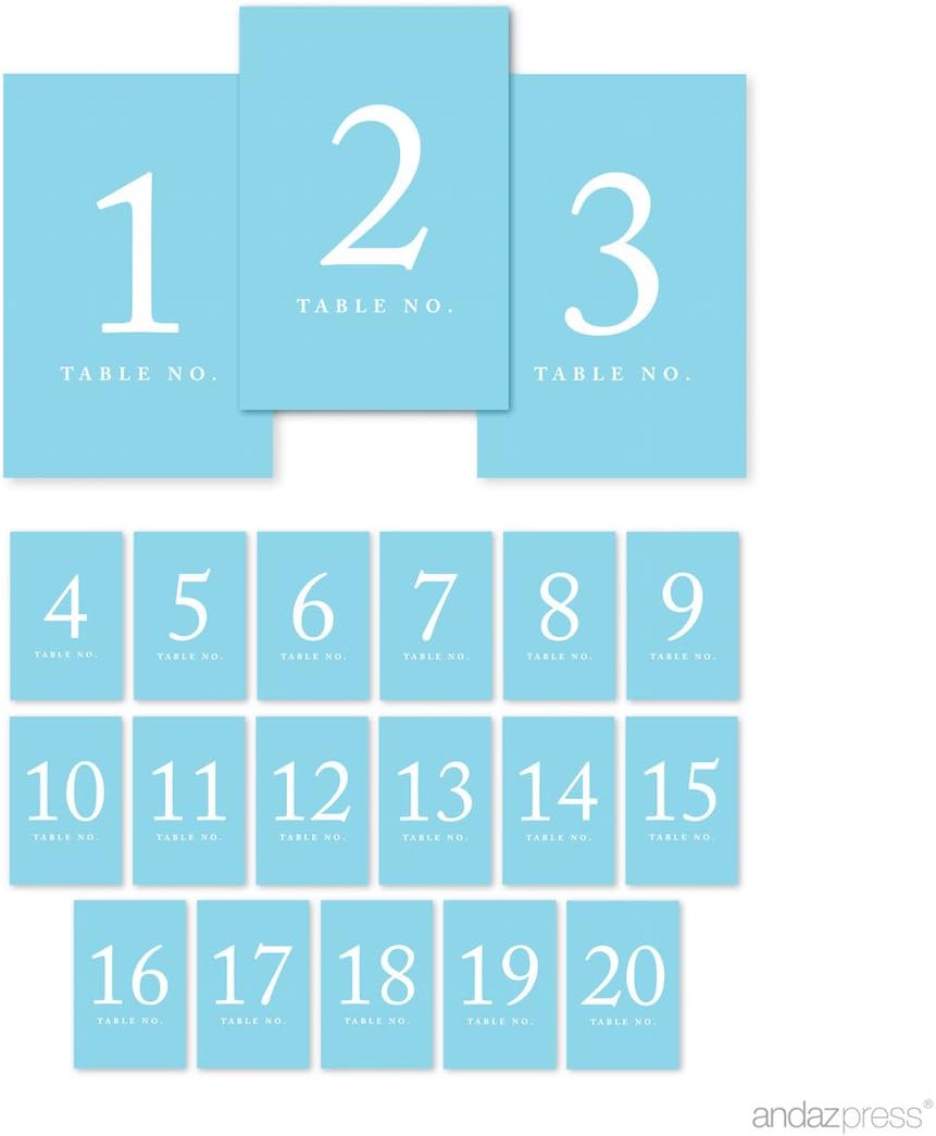 Andaz Press Baby Blue Wedding Table Numbers 1-20, 4x6-Inches Table Number Cards For Wedding