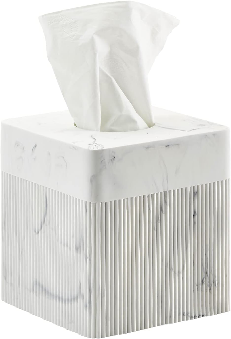 White Tissue Box Cover Square Resin Tissue Holder for Home Decor, Hand Poured Marble Ribbed Cube