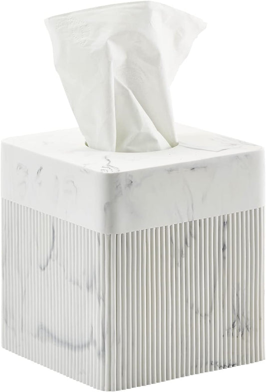 White Tissue Box Cover Square Resin Tissue Holder for Home Decor, Hand Poured Marble Ribbed Cube
