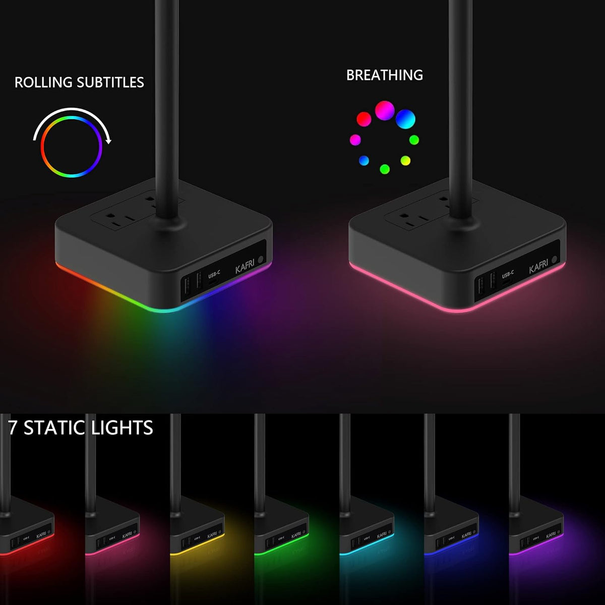 KAFRI RGB Dual Headphone Stand with USB C Charger Desk Gaming Double Headset Holder Hanger Rack