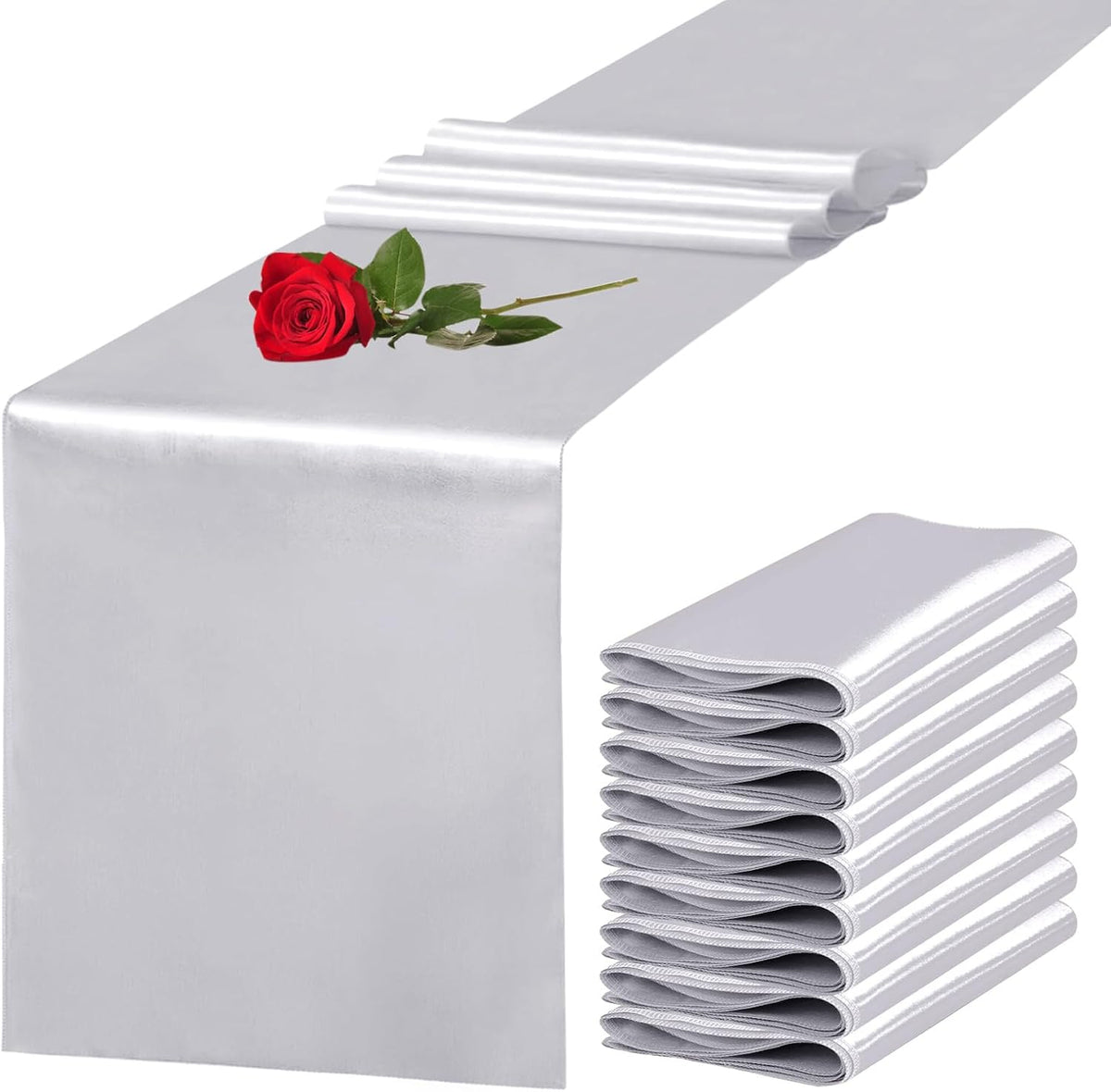 10 Pack Satin Table Runner 12 x 108 Inch Long Silver Silk Table Runner for Wedding Party Banquet