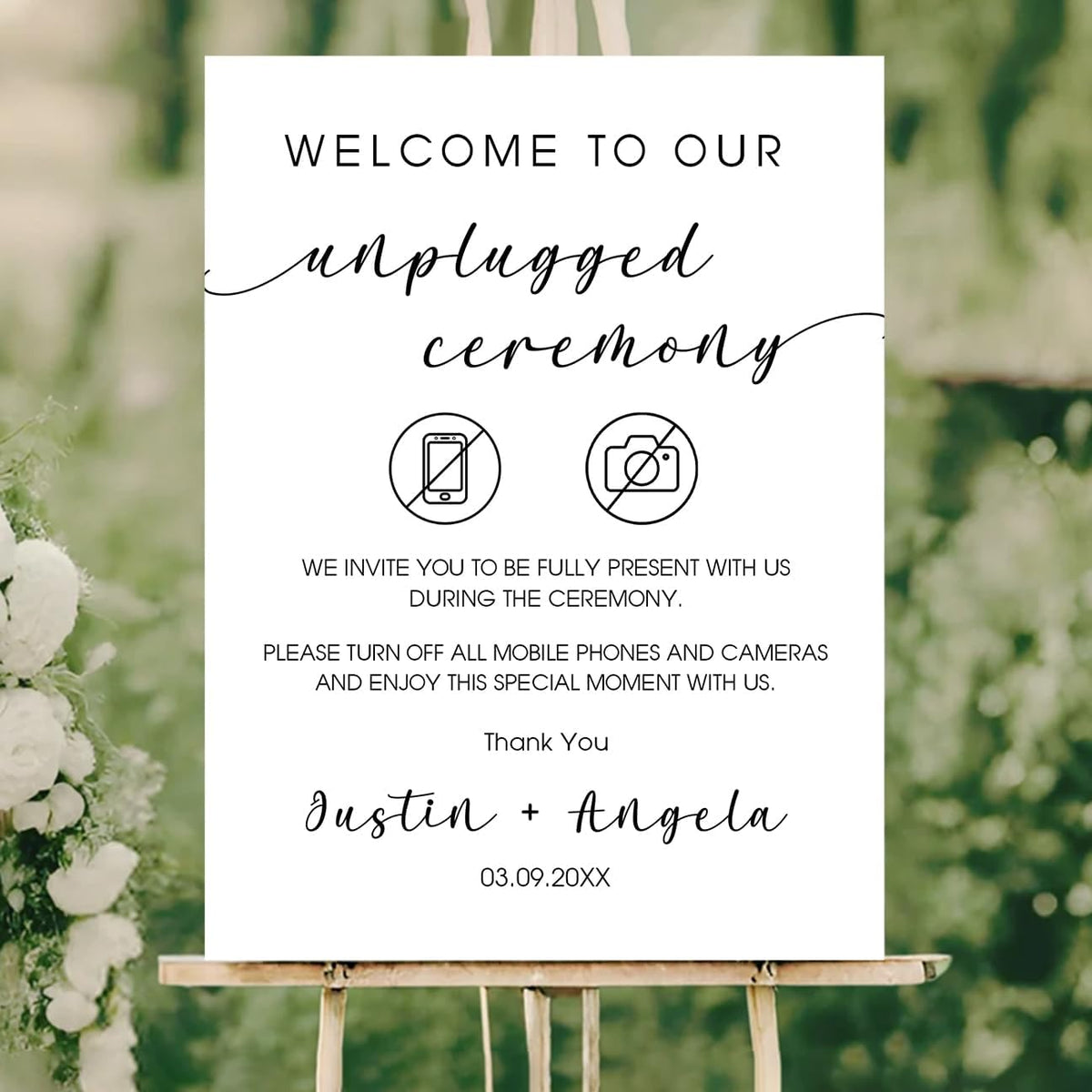 Wedding Unplugged Ceremony Yard Sign – No Phones or Cameras Icon – Outdoor Sign Personalized