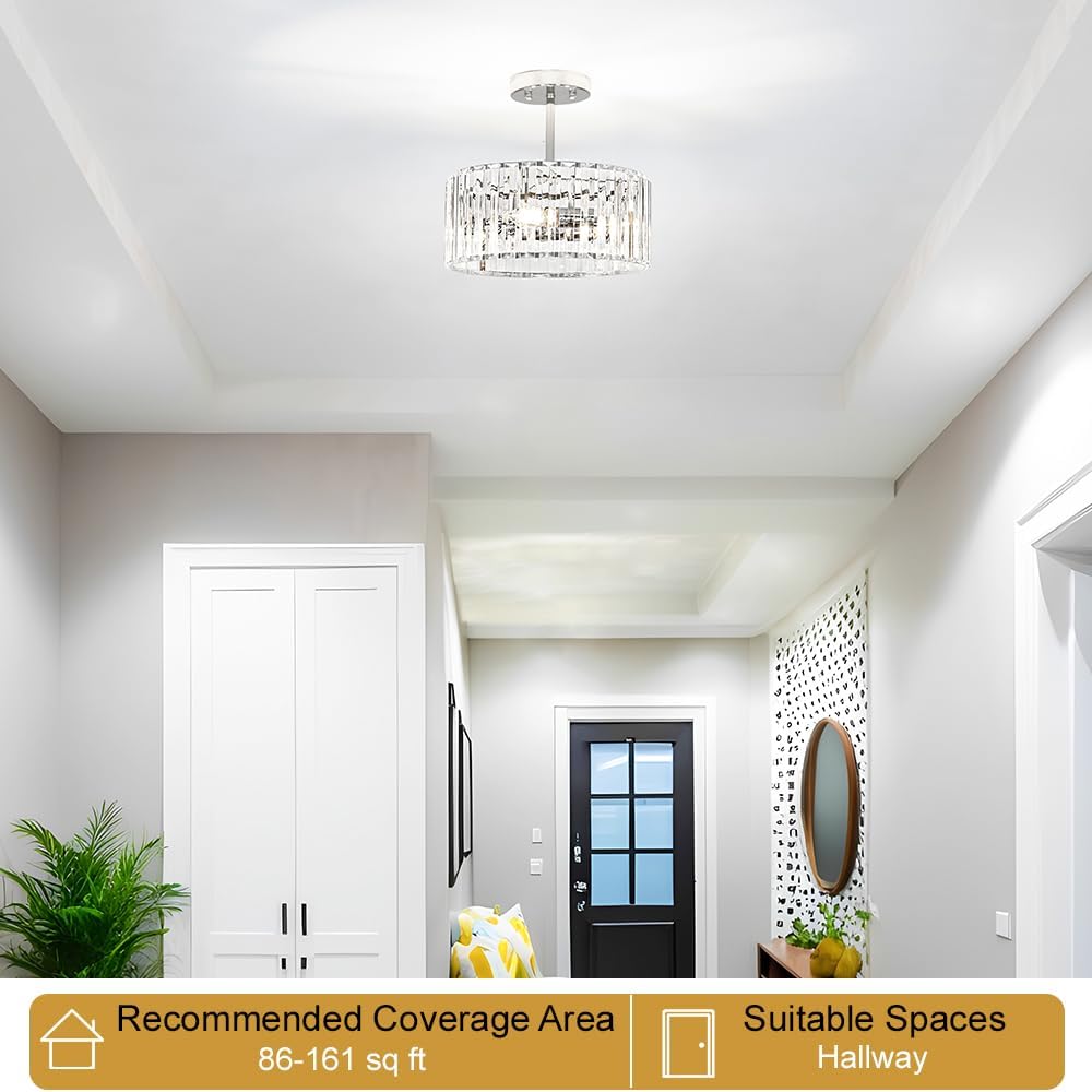 Modern Crystal Ceiling Light, Chrome Semi Flush Mount Ceiling Lighting Fixture, Hallway Light