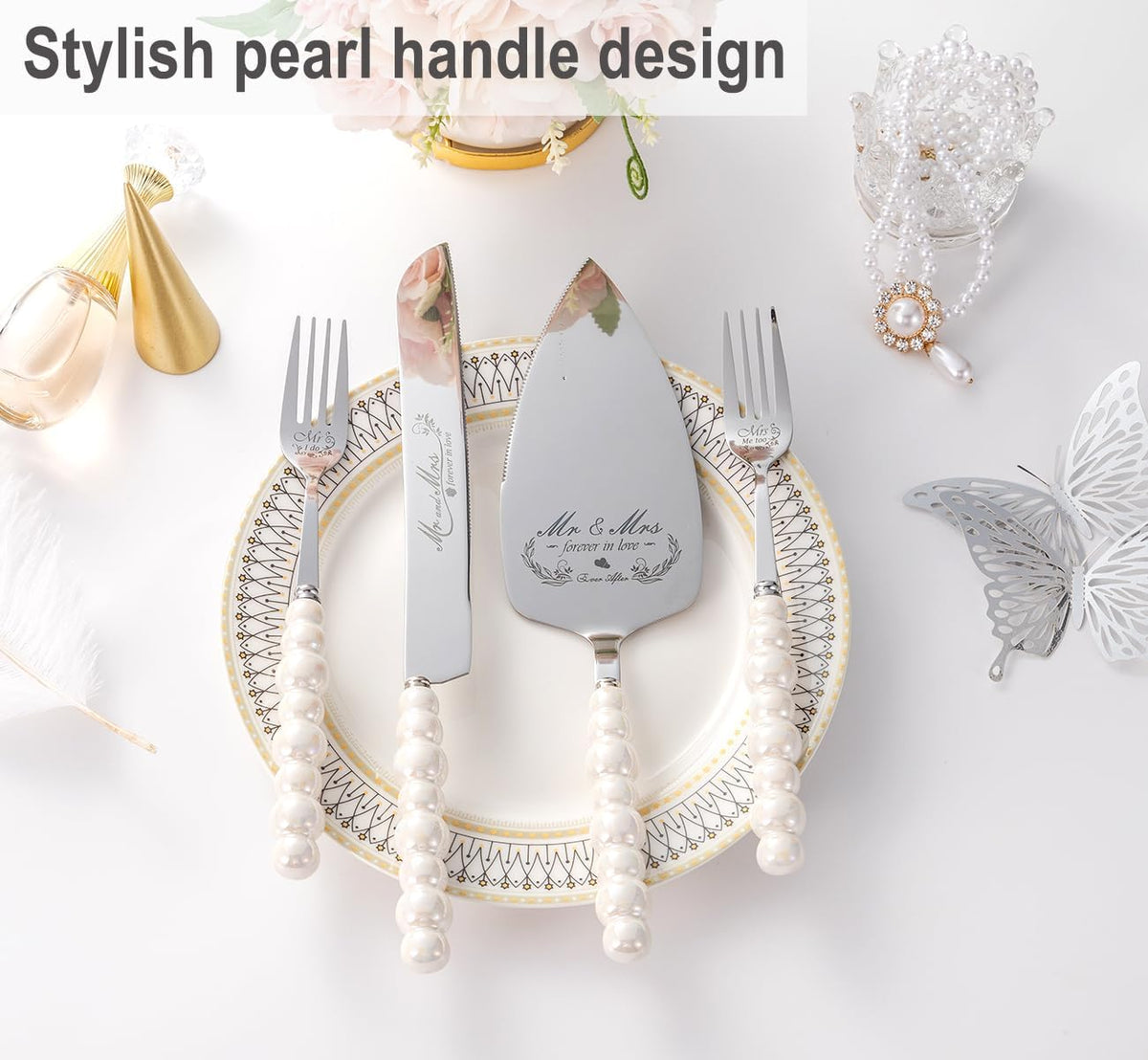 Wedding Cake Knife and Server Set, Ceramic Pearl Handle Cake Cutting Set for Wedding Gifts Bridal