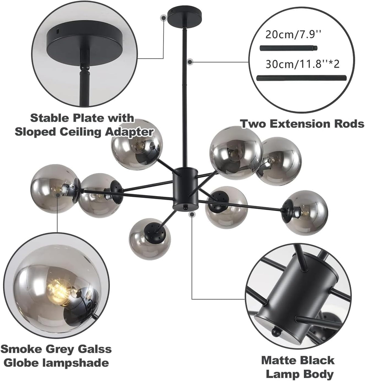 KCO Lighting Modern Glass Globe Sputnik Chandelier 8-Light Mid Century Black Sputnik Chandelier