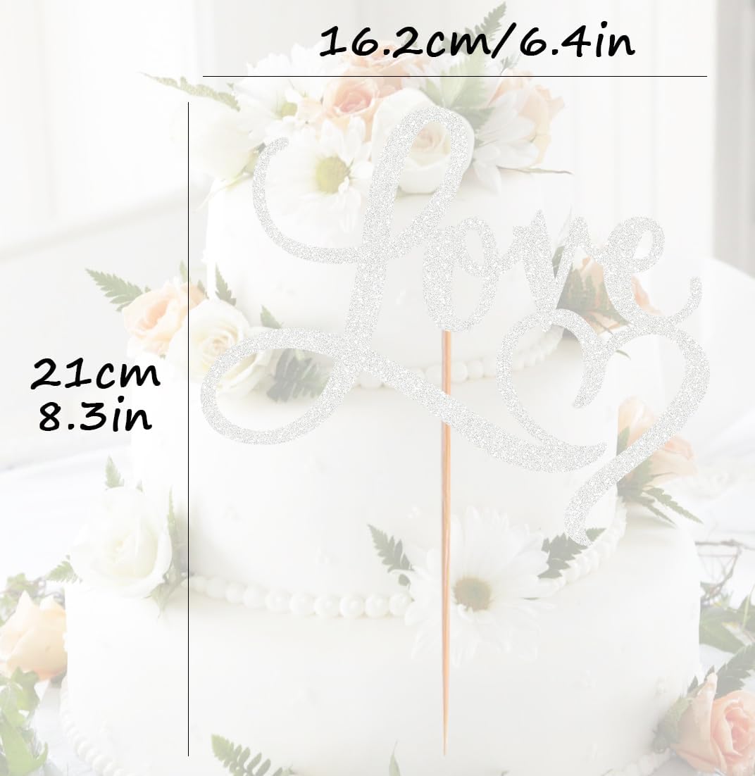 Love Cake Topper - Silver Glitter Paper Wedding Cake Decoration Supplies, Perfect for Bridal